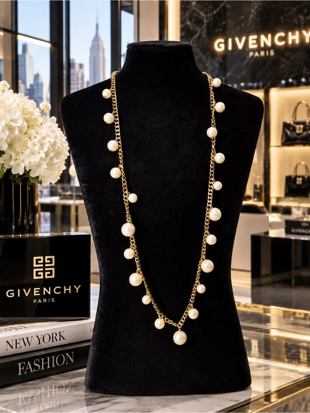 Vintage  GIVENCHY Gold Tone Chain
Faux Pearl Necklace 42" Long Versatile
Signed